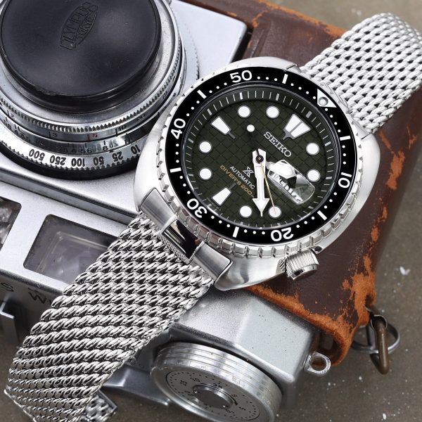 Curved End Massy Mesh Watch Band compatible with Seiko new Turtles SRP777, V-Clasp, Polished Supply - Image 2