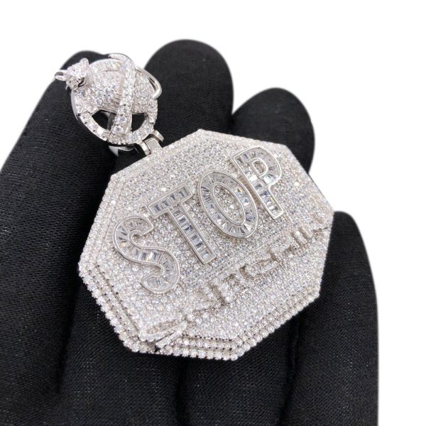 925 Silver Simulated Diamond STOP SNITCHIN Pendant For Discount - Image 3