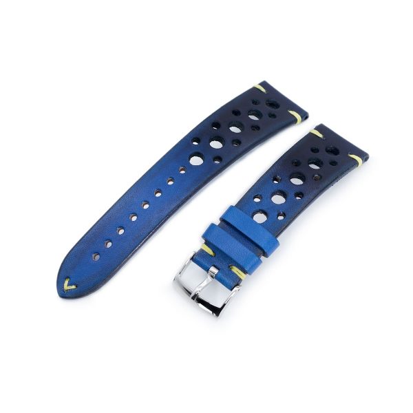 20mm or 22mm MiLTAT Italian Handmade Racer Vintage Jeans Blue Watch Strap, Yellow Stitching Online Hot Sale