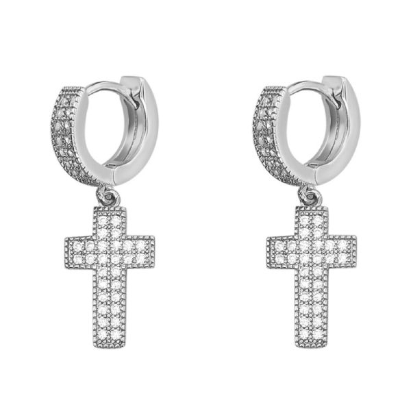 Sterling Silver CZ 2 Row Cross Dangle Earrings For Discount - Image 2