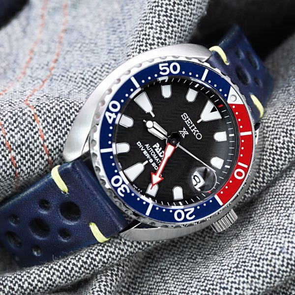 20mm or 22mm MiLTAT Italian Handmade Racer Vintage Jeans Blue Watch Strap, Yellow Stitching Online Hot Sale - Image 3