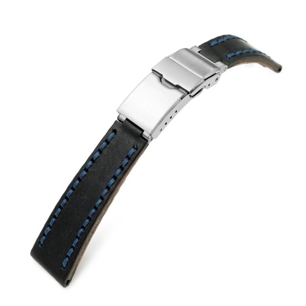 20mm Black Griffon One-Piece Handcrafted Italian Leather Watch Band, Blue Stitch For Cheap