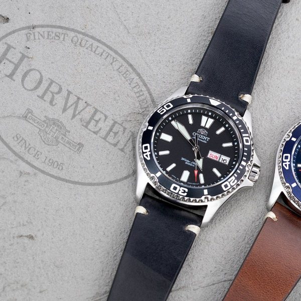 20mm, 21mm, 22mm MiLTAT Horween Chromexcel Watch Strap, Color Black, Beige Stitching Cheap - Image 4