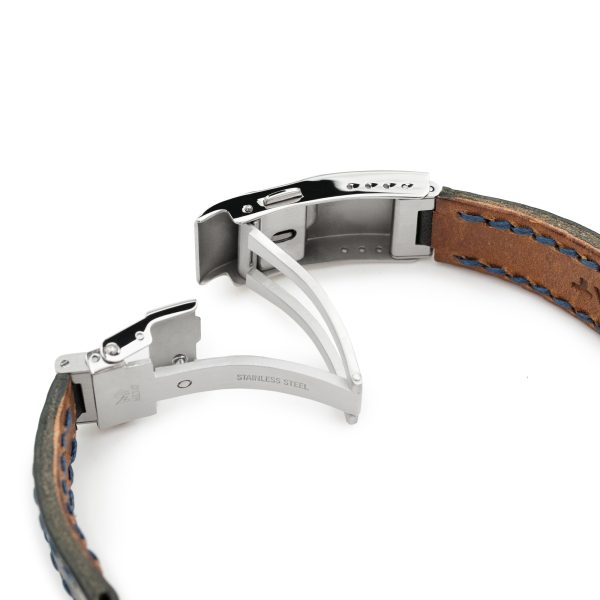 20mm Black Griffon One-Piece Handcrafted Italian Leather Watch Band, Blue Stitch For Cheap - Image 4