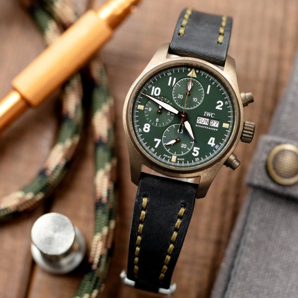 20mm Black Griffon One-Piece Handcrafted Italian Leather Watch Band, Olive Green Stitch Fashion - Image 3