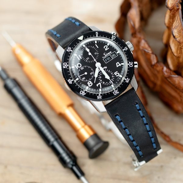 20mm Black Griffon One-Piece Handcrafted Italian Leather Watch Band, Blue Stitch For Cheap - Image 3