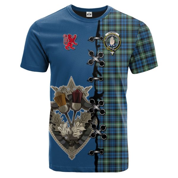 Lamont Ancient Tartan T-shirt - Lion Rampant And Celtic Thistle Style Hot on Sale